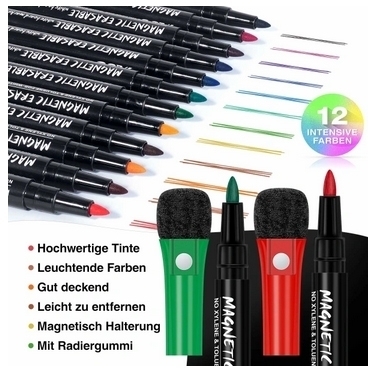12 set magnetiska whiteboard-pennor och radergummi