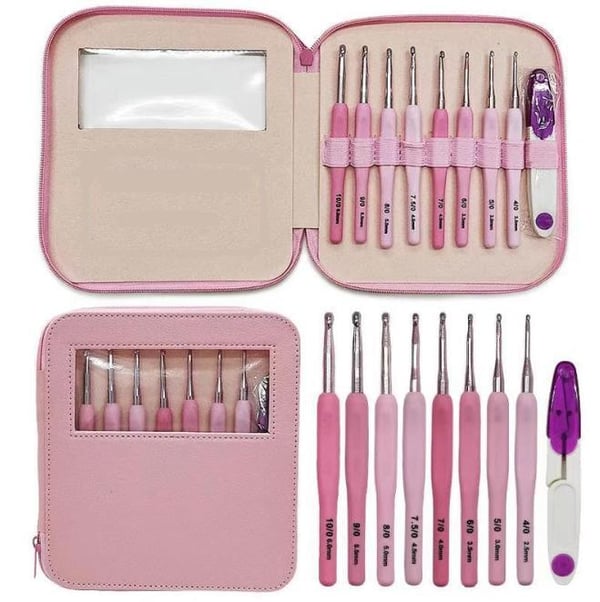 N030 - Set med 8 st. ergonomiska virknålar i snyggt rosa fodral