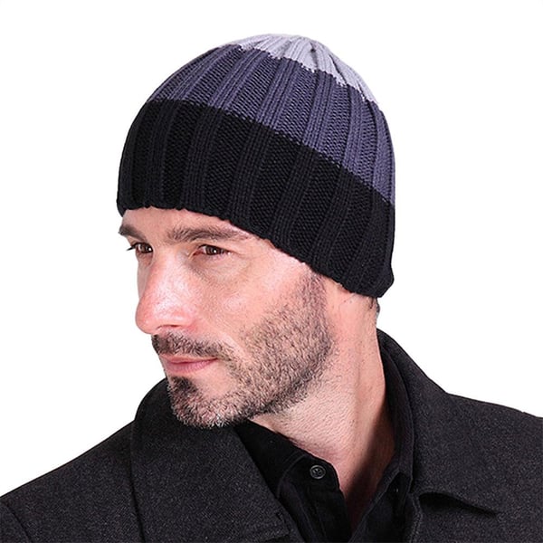 Stickad mössa / beanie med ränder - Svart / mörkgrå / ljusgrå