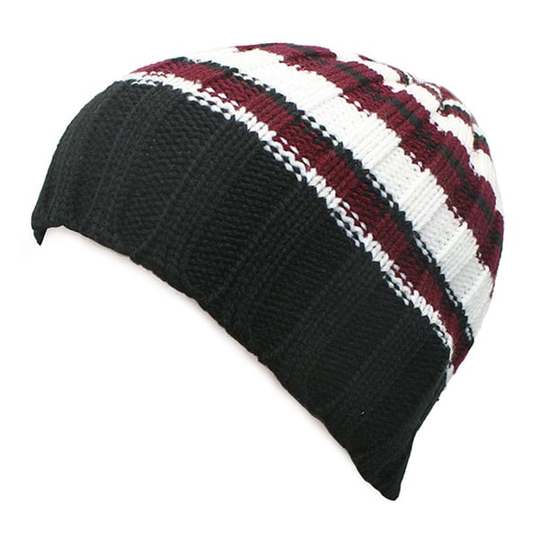 Stickad mössa / beanie med ränder - Svart / vit / röd