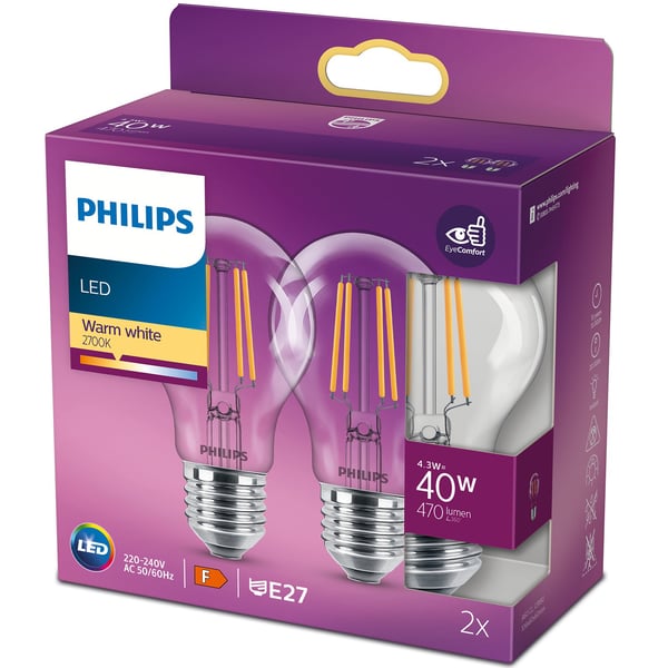 2-pak LED E27 Normal 4,3W (40W) Klar 470lm