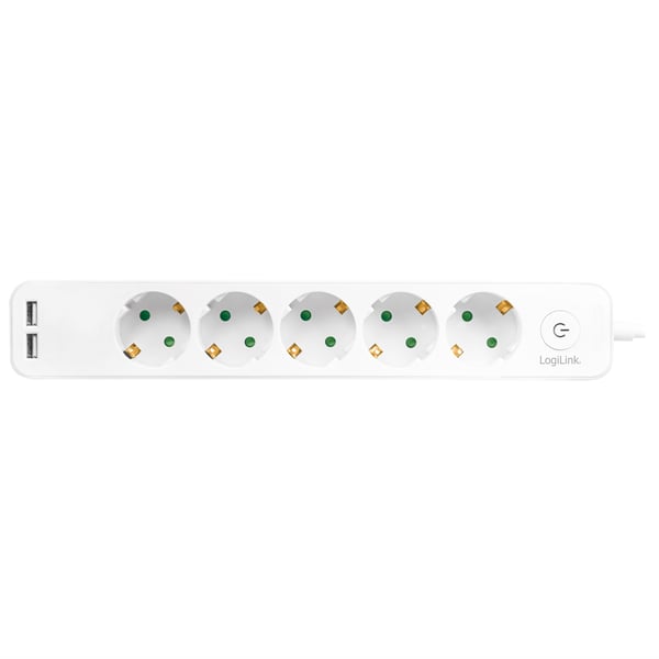 Strømudtag 5-vejs + 2 USB med switch 1,5m Hvid