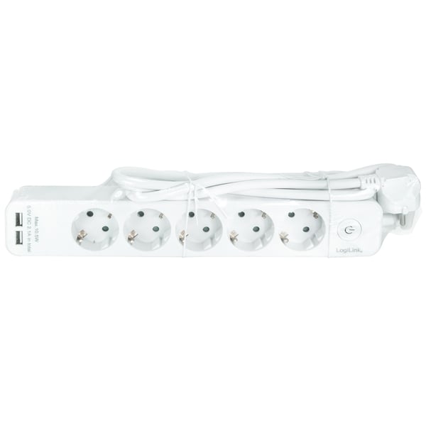 Strømudtag 5-vejs + 2 USB med switch 1,5m Hvid