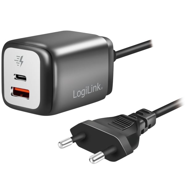 USB-laturi 1xUSB-A + 1xUSB-C kiinteällä kaapelilla 1,5m GaN 30W
