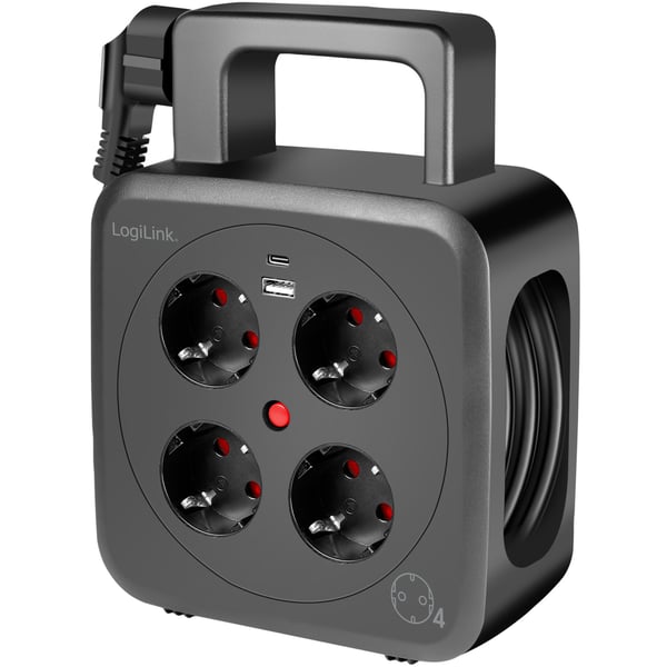 Kabeltrommel 5 meter 4 jordede stikkontakter + USB-A/USB-C 20W IP20