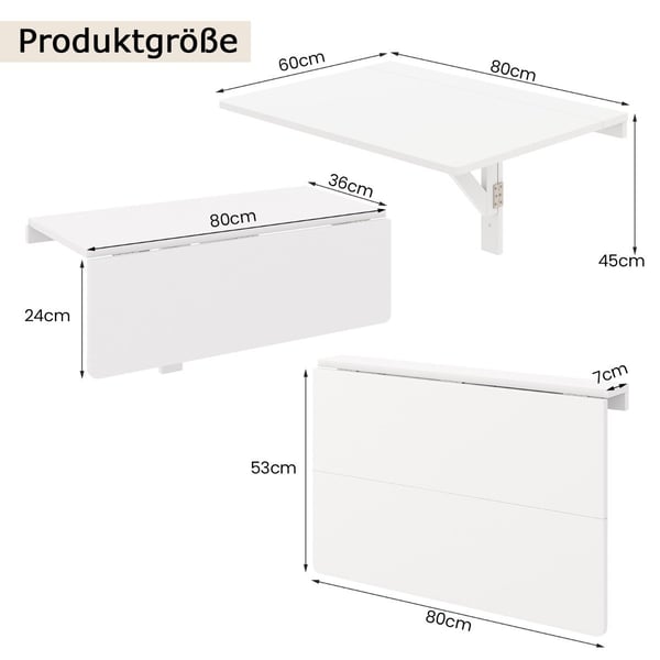 Seinälle asennettava kokoontaittuva pöytä Tilaa säästävä keittiöpöytä kokoontaitettava seinäpöytä 80 x 60 cm valkoinen