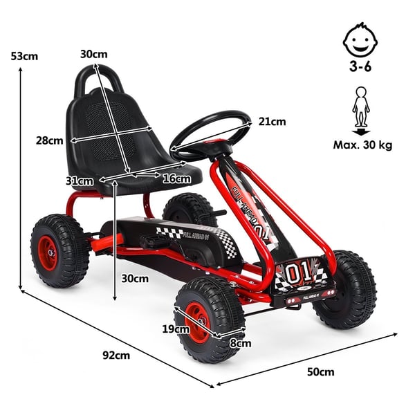Gokart med justerbart sete og håndbrems, pedalbil med lastekapasitet på opptil 30 kg, pedal go cart rød