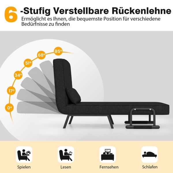Lenestolseng med sengefunksjon, sammenleggbar sofa, sovesofa med justerbar rygg og avtagbar pute, svart