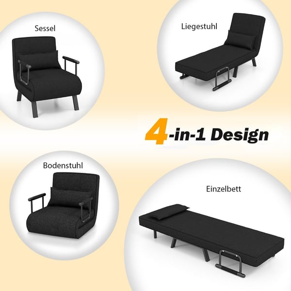 Lenestolseng med sengefunksjon, sammenleggbar sofa, sovesofa med justerbar rygg og avtagbar pute, svart