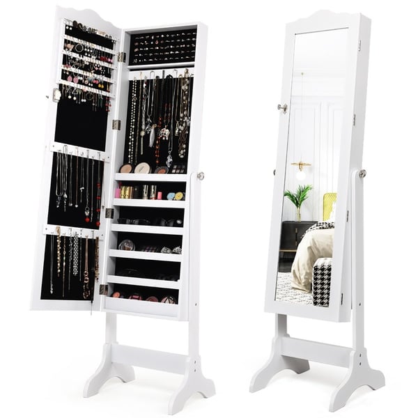 Låsbart smykkeskap stående design med justerbar vinkel med speil i full lengde 45 x 37 x 160 cm Hvit