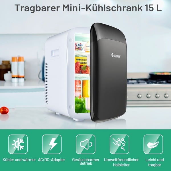 15 L Minikyl 2 i 1 Kyl- och värmefunktion Bärbar frys 27 x 33 x 38 cm Vit + Svart Energiklass E