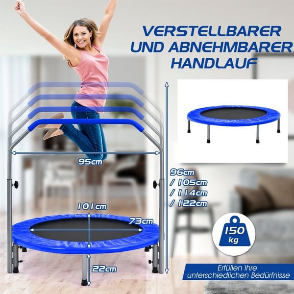 Ø101 cm sammenleggbar minitrampolin fitness trampoline med høydejusterbart håndtak blå + svart