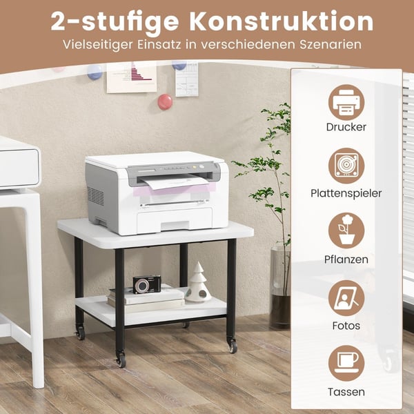 Skriverbord med 2 nivåer og låsbare hjul, skriverstativ, skrivervogn, hvit