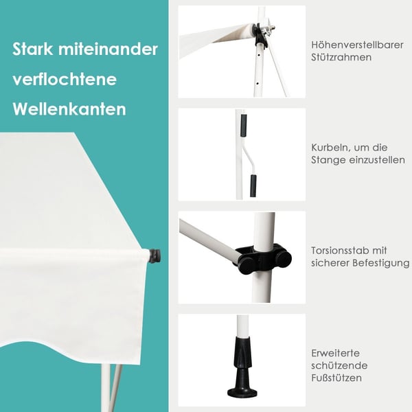 395 cm bred klemmarkise uten boring, UV-bestandig balkongmarkise, høydejusterbar markise, beige