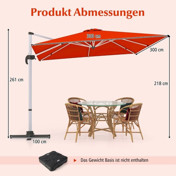 Terrasseparaply med krydsbund og 360° rotation til have- og poolområder 300 x 300 x 261 cm Bourgogne
