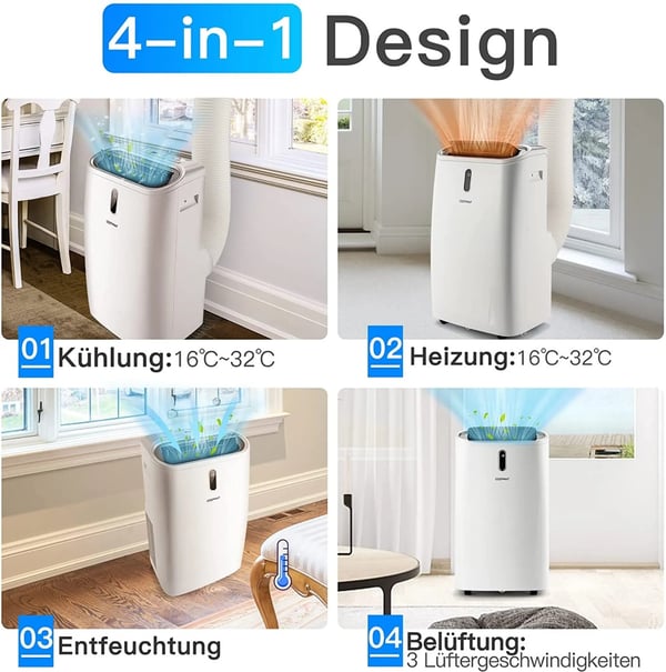5 in 1 -ilmastointilaite 14000 BTU Lämmitys, Jäähdytys & Tuuletin ja Kuivaus Kannettava Ilmastointilaite 40 ㎡ 44,5 x 39 x 77 cm Valkoinen