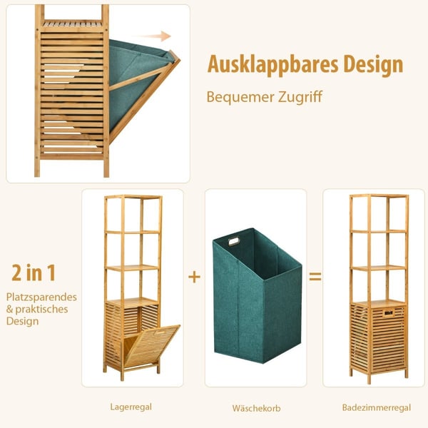 Baderom høyskap med skittentøyskurv laget av bambus med hyller ideell for bad 40 x 33 x 160 cm naturlig
