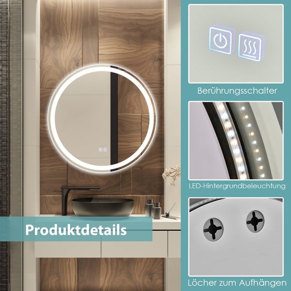 Rundt LED-speil baderomsspeil for veggmontering 3000 K-6000 K Ø 60 cm