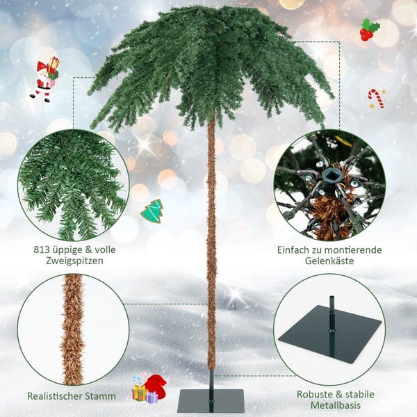 Keinotekoinen trooppinen joulupalmu, jossa 250 lämpimän valkoista LED-valoa ja 813 oksan kärkeä 180 cm