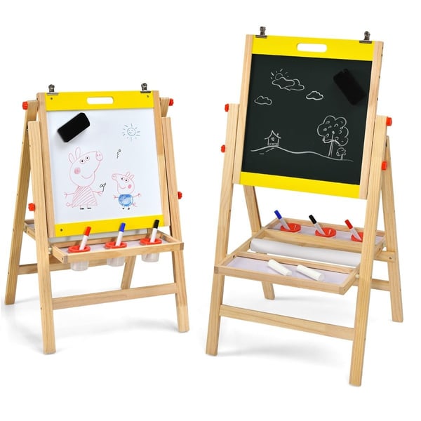 3 in 1 lastenlauta taitettava korkeussäädettävä puulauta lapsille 50,5 x 53,5 x 79-104 cm luonnollinen + keltainen