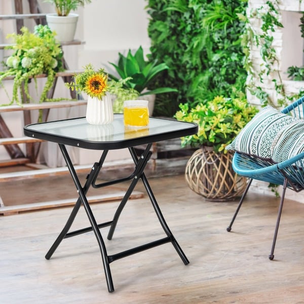 Sammenleggbart terrassesidebord firkantet glassbord med rustfri ramme sort