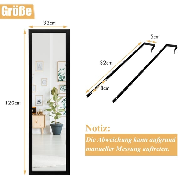 Rektangulært helspeil med opphengskrok for dør 33x119cm sort