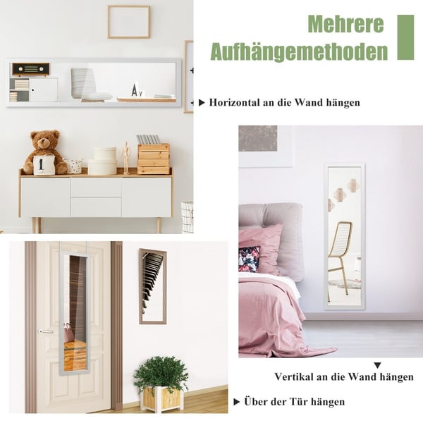 Rektangulært helspeil med opphengskrok for dør 33x119cm hvit