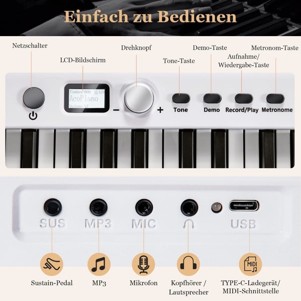 Sammenleggbart E-tastatur Sammenleggbart med 88 opplyste taster Digitalt tastatur Digitalt tastatur Hvit