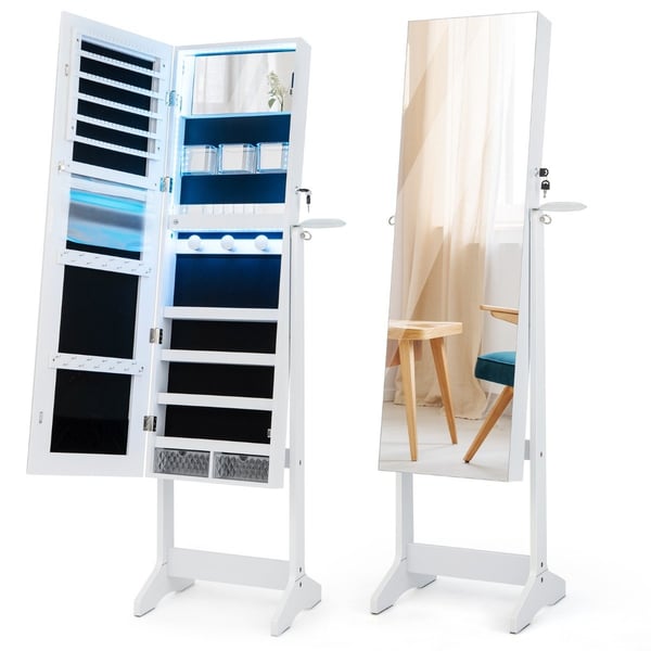 LED smykkeskap med speil i full lengde og sminkespeil 41 x 37 x 156 cm hvit