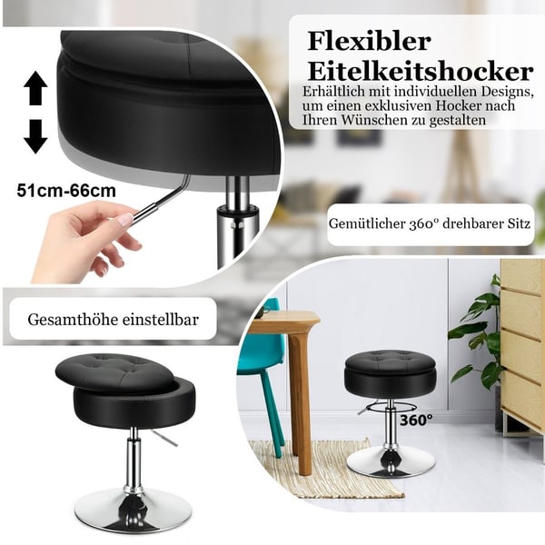 Sminkekrakk med oppbevaringsplass 360° roterende krakk laget av svart kunstskinn