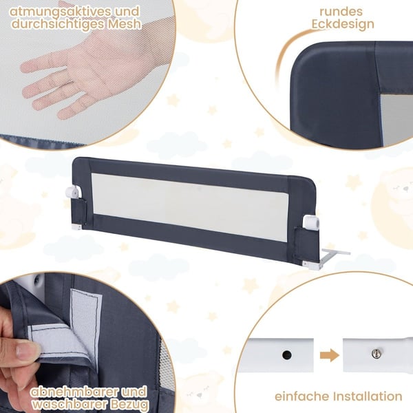 Sammenklappelig sengehest med justerbare & et-klik foldestropper sengebeskytter 150 x 42 cm grå