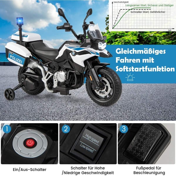 Politimotorsykkel for barn, batteridrevet motorsykkel med 2 treningshjul, 110 x 82,5 x 63 cm, hvit