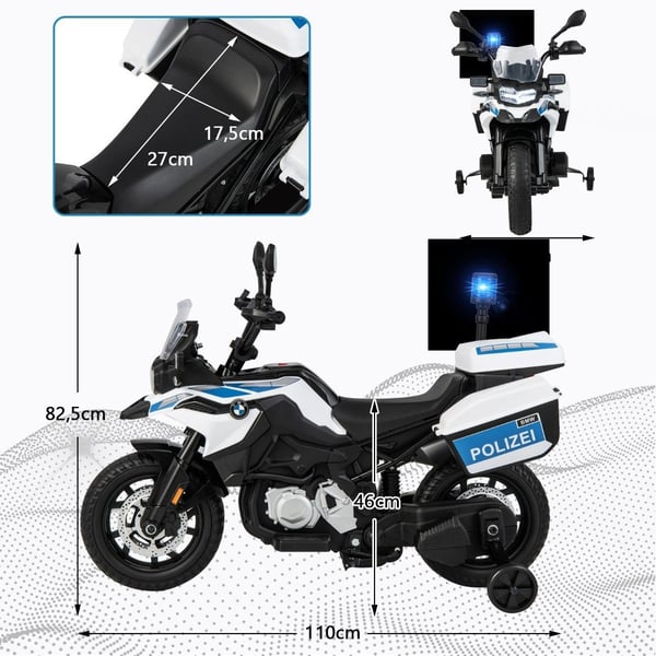 Politimotorsykkel for barn, batteridrevet motorsykkel med 2 treningshjul, 110 x 82,5 x 63 cm, hvit