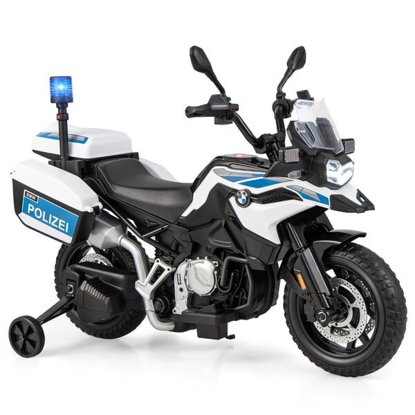 Politimotorsykkel for barn, batteridrevet motorsykkel med 2 treningshjul, 110 x 82,5 x 63 cm, hvit