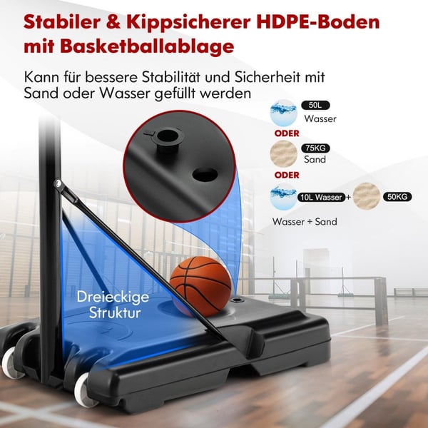 130 cm - 305 cm højdejusterbar basketballkurv med stativ & 2 hjul kurvestativ sort