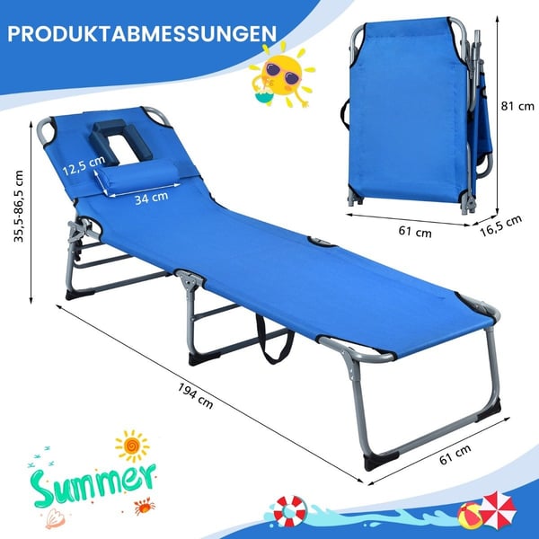Liggestol sammenklappelig strandstol 194 x 60 x 36-86 cm blå