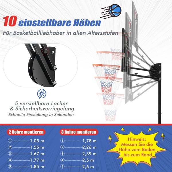 Høydejusterbart basketballstativ basketballkurv med stativ og 2 hjul 105-260 cm svart