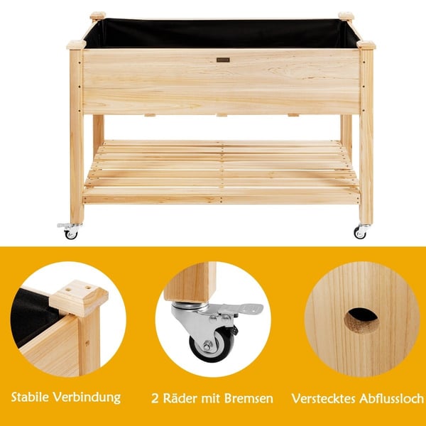 Puusta valmistettu korotettu puutarhaistuin, jossa lukittavat pyörät 120 x 59 x 84 cm luonnollinen
