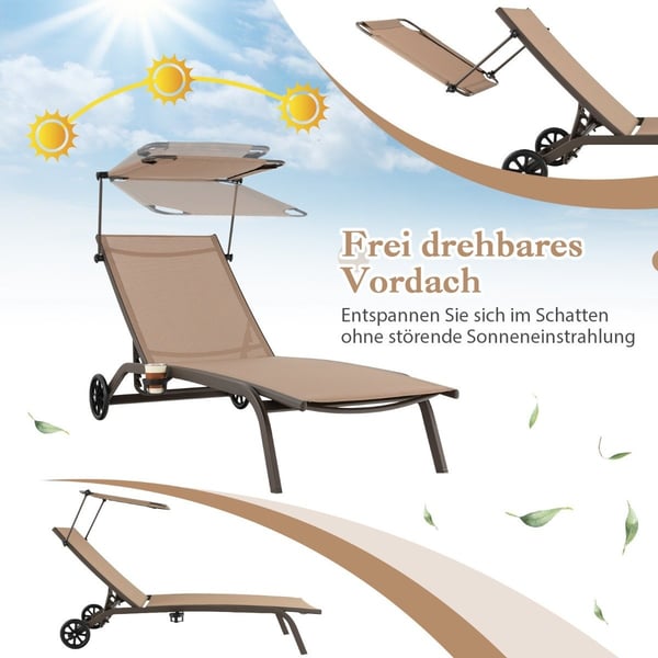 Patio solseng utendørs solstol med hjul strand solseng laget av metall brun