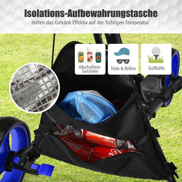 3-hjulet sammenklappelig golfvogn med resultattavle & paraply & T-stykke holder sort + blå