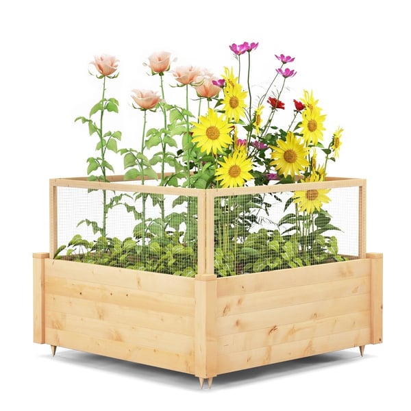 Højbed med hegn plantekasse i træ med 4-sidet beskyttelseshegn & plantegitter 107 x 107 x 70 cm