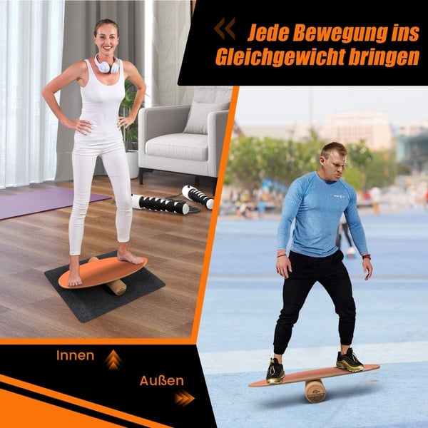 Træbalancebræt Wobble Board med hjul og tæppe 3-i-1 balancebrætsæt orange
