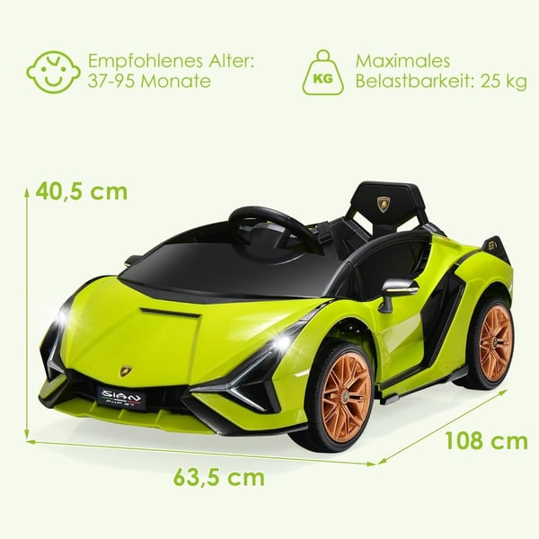 12V Lamborghini barnebil med 2,4G fjernkontroll barnebil 3-5km/t med MP3 grønn