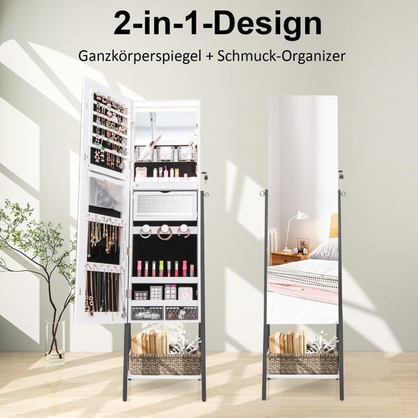 Smykkeskab med spejl & 3-farvet LED-belysning 41,5 x 37 x 157 cm hvid