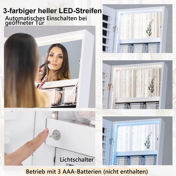 Smykkeskab med spejl & 3-farvet LED-belysning 41,5 x 37 x 157 cm hvid