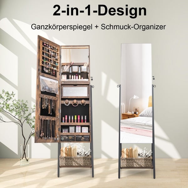 Smykkeskab med spejl & 3-farvet LED-belysning 41,5 x 37 x 157 cm Rustik brun