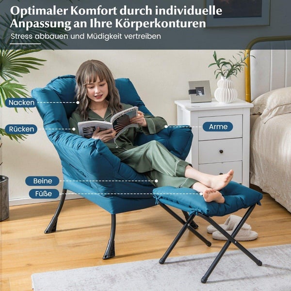 Lenestol med krakk & armlener & sidelomme & fotstøtte avslapningsstol vingestol blå