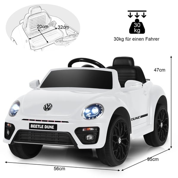 VW Beetle barnebil med musikk og 2 lysmoduser inkludert 2,4G fjernkontroll hvit
