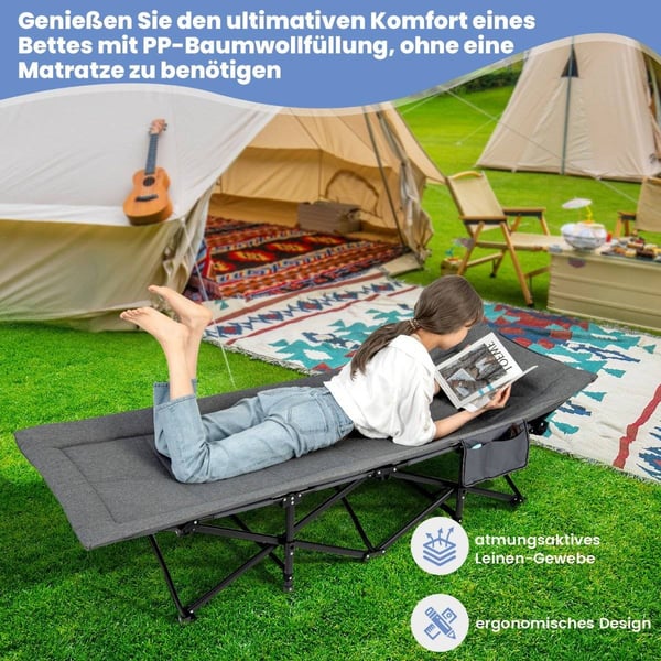 Sammenklappelig campingseng med sidelomme, feltseng, bæreevne op til 200 kg, gæsteseng, grå