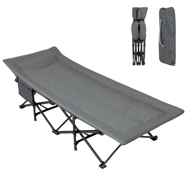 Sammenklappelig campingseng med sidelomme, feltseng, bæreevne op til 200 kg, gæsteseng, grå